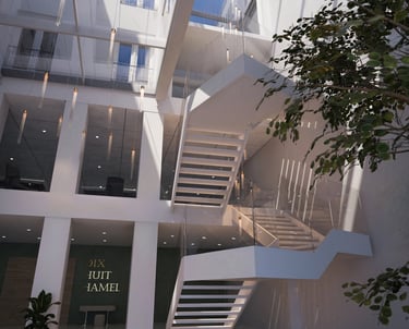 Rendu 3D photoréaliste d’un atrium moderne avec verrière, escalier blanc design, sol en marbre et suspensions lumineuses.