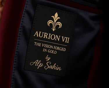 Close-up of the Aurion VII golden emblem inside a tailored jacket, representing elegance and crafted