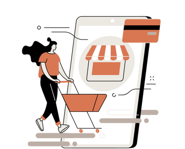 a woman walking down a street with a shopping carton