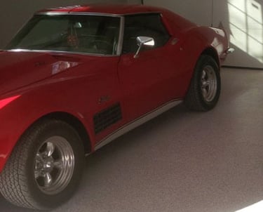 Colour matched flake with matching Corvette parked on a Premium Garage Floor