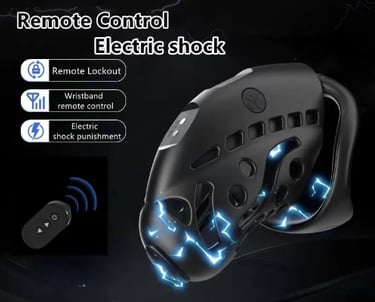 a pictue of a black chastity cage with electric current through it and a remote on the side