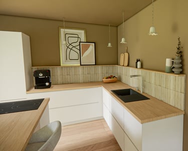 Cuisine équipée, ton blanc et bois