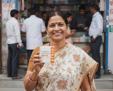 A woman holding Roxime-500, a product by Strio Healthcare