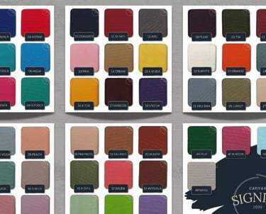Koleksi warna lengkap kain kanvas polyester SIGNIFO di atas kayu cedar.