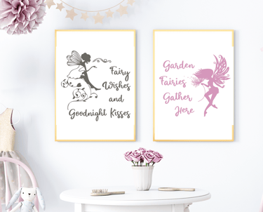 A pink baby room with printable wall art with Fairies. "Fairy wishes and goodnight kisses" and "Garden fairies gather here"