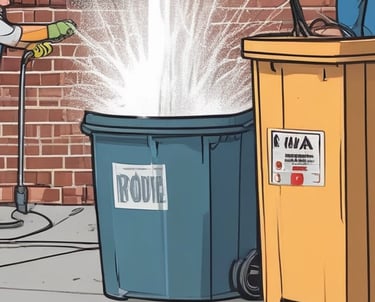 A technician in uniform sanitizing a row of residential bins with specialized equipment.