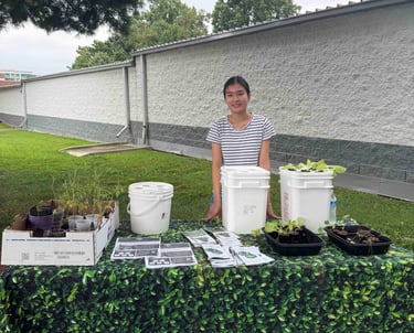 A high school student standing behind a table with hydroponic grow buckets and plant seedlings