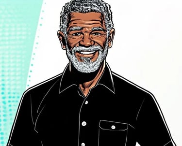 Illustration of an older man with short curly gray hair and a beard, smiling warmly while wearing a black button-up shirt