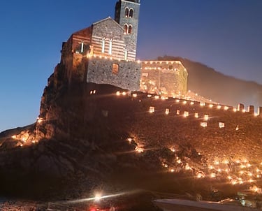 Church of St. Peter in Portovenere illuminated at night, Liguria Italy.