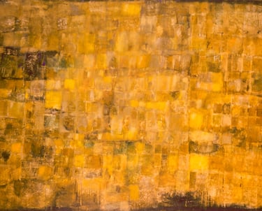 Abstract oil painting with textured yellow and gold squares creating a mosaic pattern.