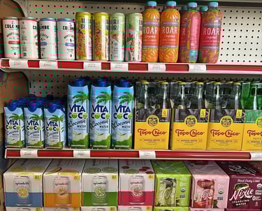 Beverage shelf at Round Hill Market with drinks like La Colombe Latte, Aura Bora, ROAR Organic, Vita Coco, and Spindrift.