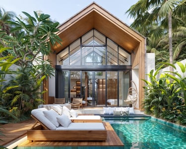 Front view of Villa Nila with private turquoise pool and tropical modern architecture in Ubud, Bali.