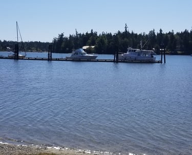 Boats tied to a dock in calm coastal water under clear skies