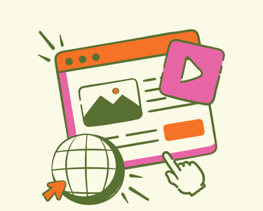 a computer screen with a hand holding a globe and pointing at a screen for describe multimedia desig