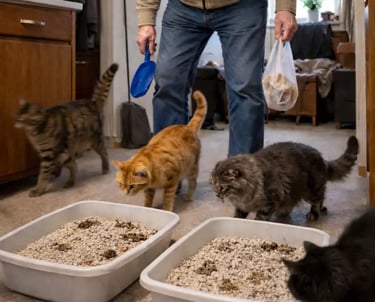 senior avec plusieurs chats à la maison qui a besoin du service litière la vie sans crotte