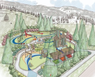 a drawing of a park with a river running through it