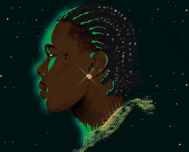 a woman with a green hair and a green background