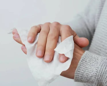 a person cleaning his hands with a wet tissue towel