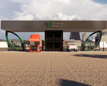 Guarita de entrada da fazenda com cobertura e área de controle de acesso