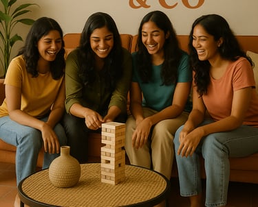 a group of women sitting on a couch playing with blocks
