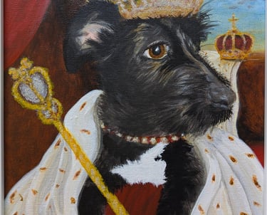 A humorous portrait of a black terrier mix wearing a crown in royal pose. Painted by Kathy LaFollett.