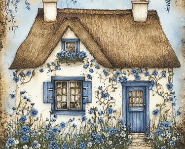 A house with a thatched roof and blue shutters