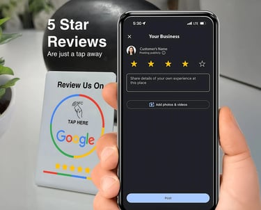 Google NFC review sign and phone showing 5-star screen. Tap-to-review for small business clients.