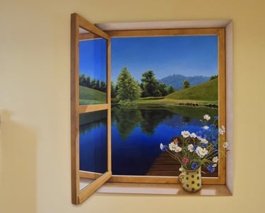 Fenêtre ouverte en trompe-l'oeil, un bouquet de fleurs des champs sur le rebord, un étang, paysage