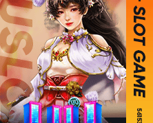 A lively casino scene featuring a row of bright, colorful slot machines with themes like Monopoly, M