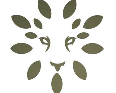 Minimalist olive green lion face logo composed of organic leaf shapes on a white background.