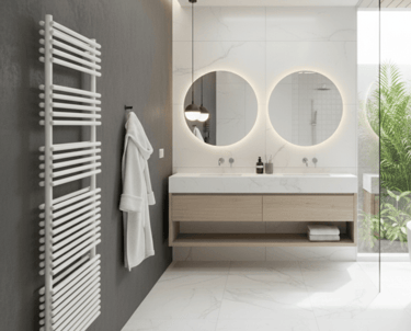 A high output towel rail set in a stunning luxury modern bathrooms