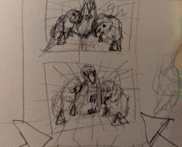 A page from an artist's sketchpad working out how a painting will be laid out as well as defining the subjects.