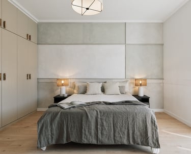 Elegant bedroom with subtle wall art, and calm beige tones, designed by SAVIA in Barcelona
