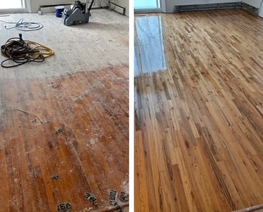 Before and after hardwood floor refinishing project completed in Syracuse, New York
