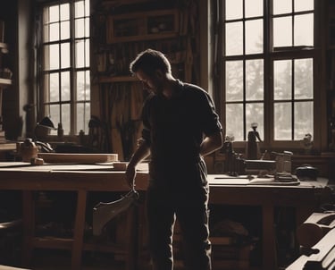 A close-up photo of Jim Duncan’s hands shaping a wooden art piece in his cozy workshop.