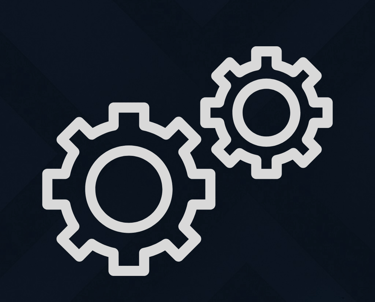 Minimal icon with two interlocking gears, symbolizing digital infrastructure and system integration.