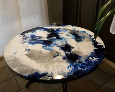 SOLD: Custom Cute Round Table with Stunning Blue and White Swirls. 