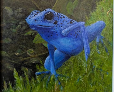 A realistically acrylic painted blue dart frog perched on green mosses.
