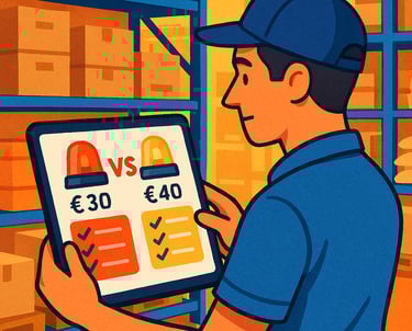 Ilustración en Proveedores, mozo de almacén usando el comparador Dighoreca, para servicio de alarmas