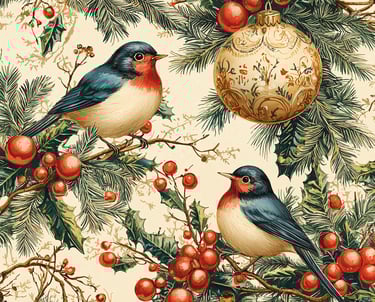 two birds on a christmas tree with holly berries