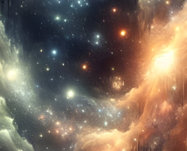 A desk with books stacked on the left, an oil lamp on the right, and a distant galaxy in the middle.