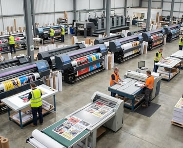 a large print shop with a large number of machines