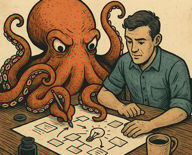 a man sitting at a table with a drawing of a octopus