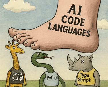 a foot labele AI code languages squashes on 3 characters who are javascript, python, and typescript
