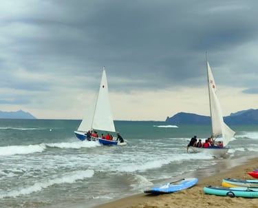 a group of people on a beach with surfboards