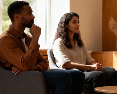 a group of people sitting in chairs in a room