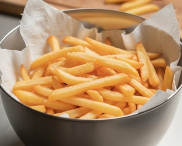 Frites maison croustillantes à la peau dorée, servies dans un cornet avec une pincée de gros sel.