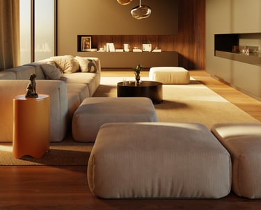 Rendu 3D photoréaliste d’un salon contemporain au coucher du soleil, avec canapés beiges, suspension design en verre soufflé,