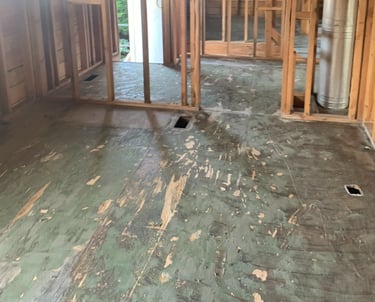 wall framing exposed, flooring removed