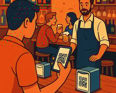 Ilustración en Hostelería, cliente leyendo el QR de la carta